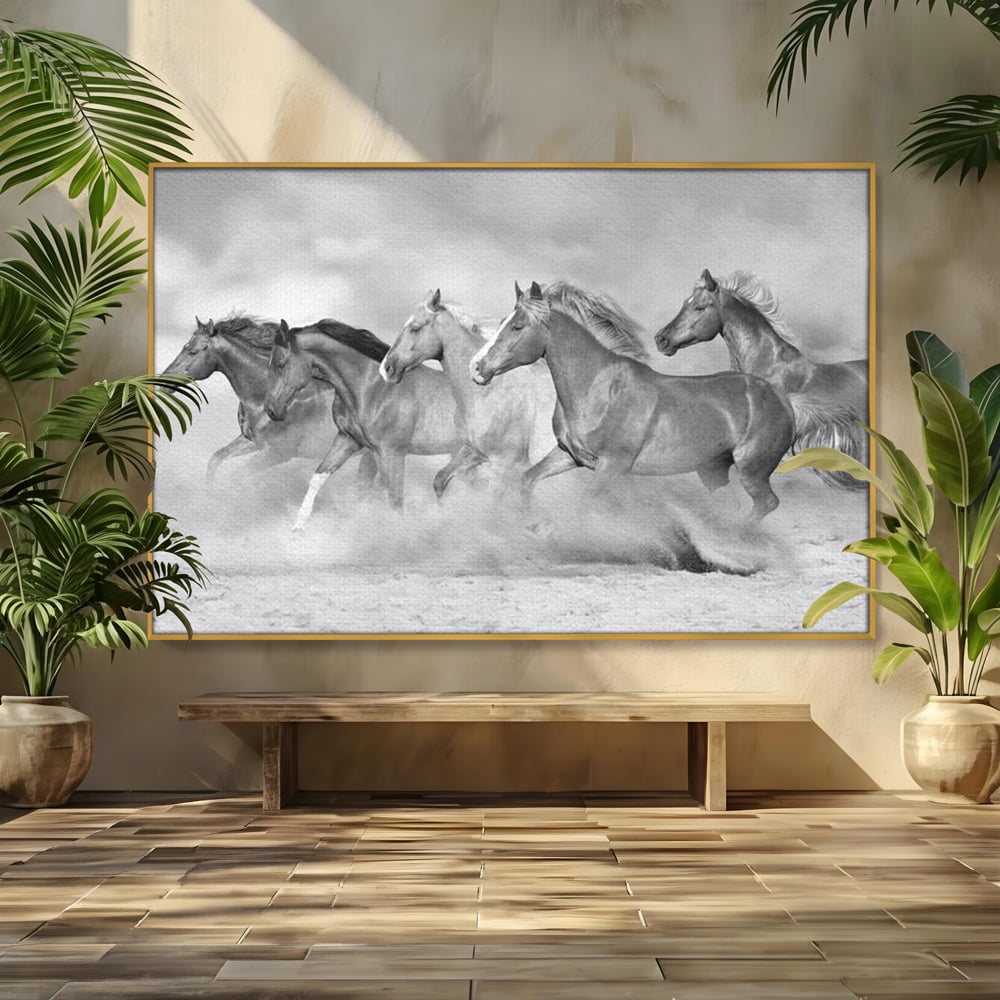 Tablou canvas cu tablou canvas cu cai in galop, in rama de aluminiu auriu